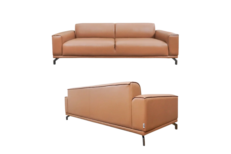 Ghế sofa da nâu cam hiện đại, phù hợp đặt trong không gian phòng khách