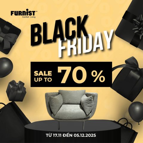 Poster Black Friday Furnist giảm giá đến 70% với hình ảnh ghế sofa trang trí và hộp quà