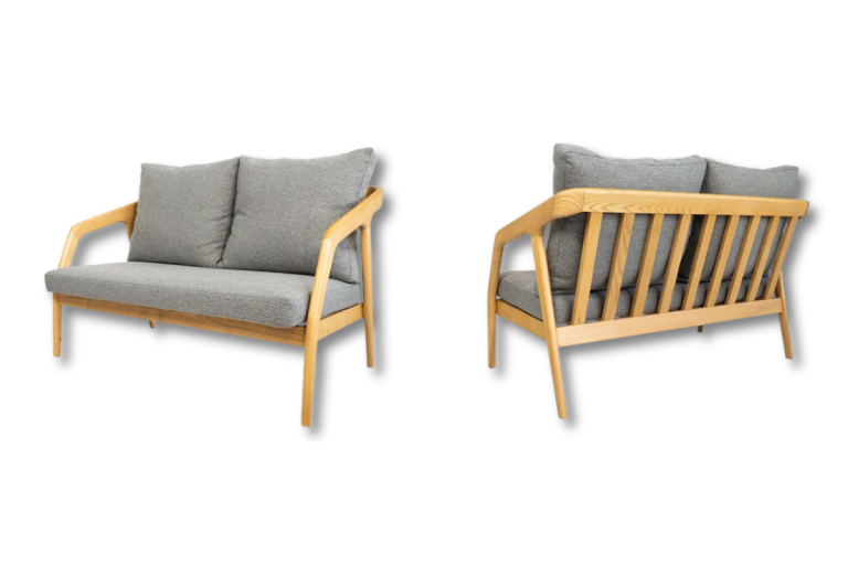 Hình ảnh sofa gỗ tần bì có khung gỗ sáng màu kèm đệm xám, nhìn từ phía trước và phía sau