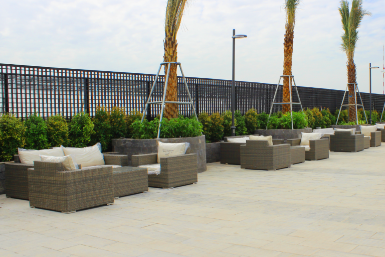 Khu vực ngoài trời với dãy ghế sofa mây màu xám đặt trên nền gạch, phía sau là hàng cây xanh và cây cọ được chống đỡ, tạo không gian thư giãn hiện đại.