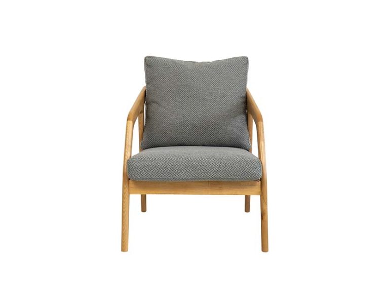 Ghế Sofa Đơn khung gỗ tự nhiên, đệm vải xám, thiết kế tối giản