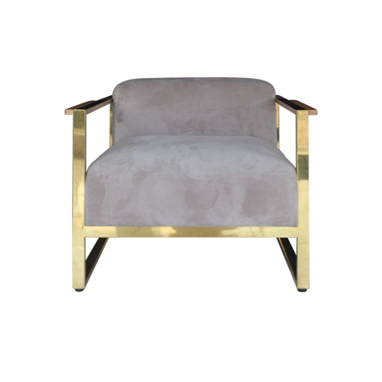 Ghế sofa đơn với tông màu trung tính, khung thép mạ vàng sang trọng