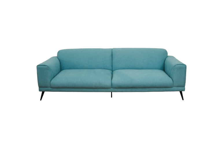 Sofa băng ba bọc vải màu xanh, thiết kế hiện đại, form gọn gàng phù hợp không gian phòng khách