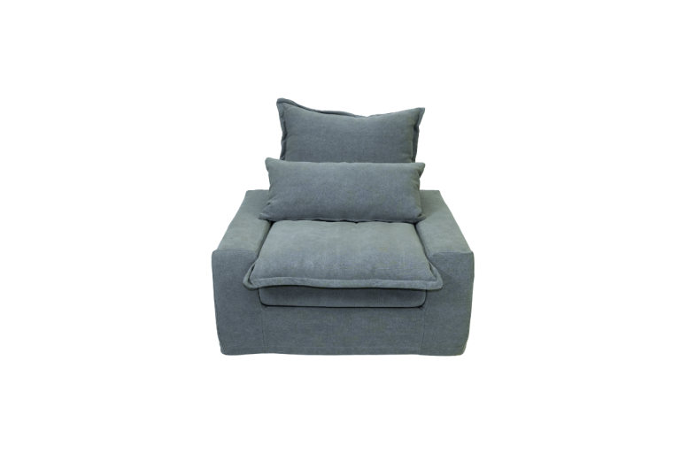 Sofa đơn Sleeple bọc vải màu xám xanh, thiết kế dáng thấp thư giãn, đệm ngồi và gối tựa rời dày êm