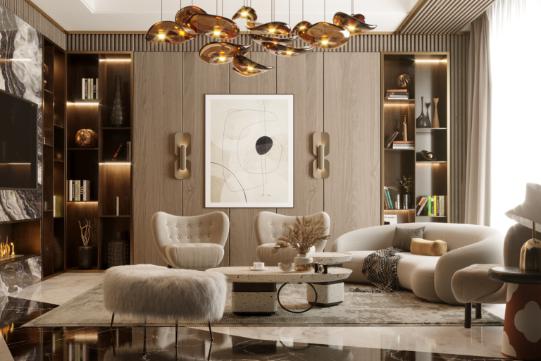 Phòng khách phong cách Luxury Contemporary với nội thất cao cấp, ánh kim sang trọng, vật liệu tinh xảo và bố cục hiện đại