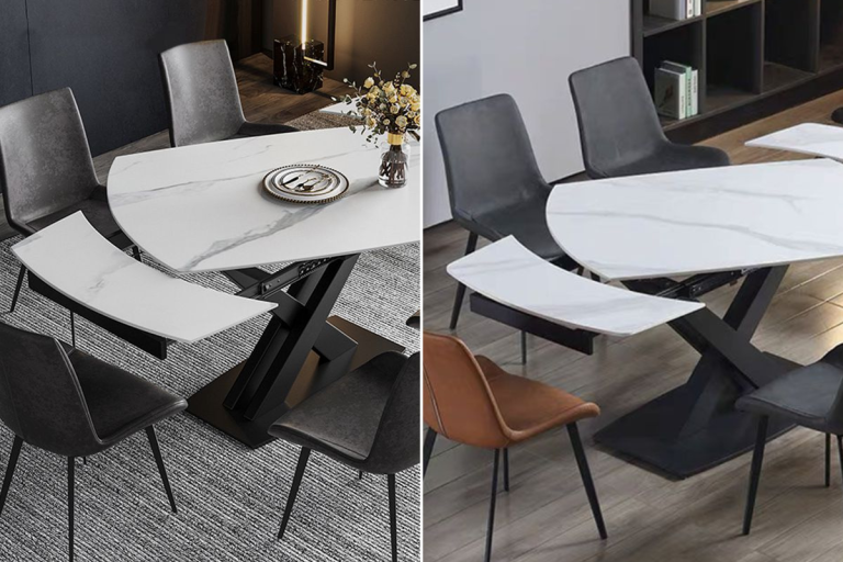 Bàn ăn thông minh mặt đá marble mở rộng, thiết kế chân chữ X hiện đại, tối ưu không gian phòng ăn – xu hướng nội thất 2026.