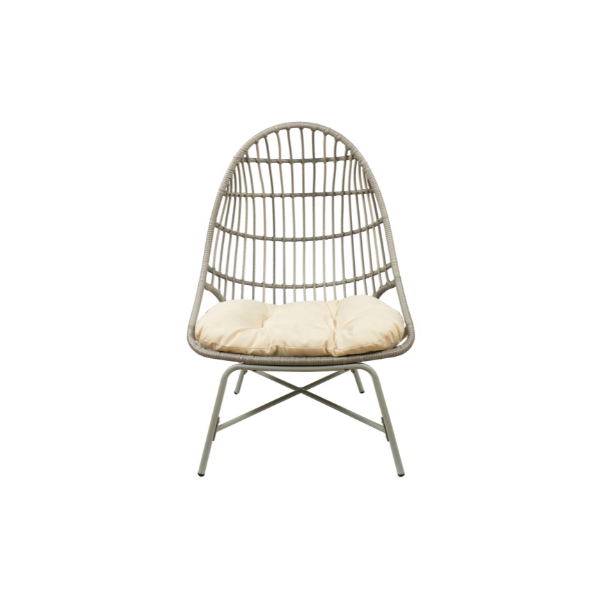 Ghế thư giãn mây nhựa Egg Chair thiết kế dáng trứng, khung kim loại chắc chắn, đệm ngồi màu kem.