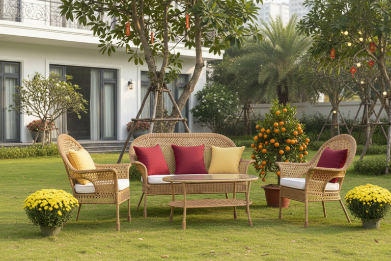 Decor Tết ngoài trời với bộ sofa mây nhựa sân vườn đặt trước biệt thự, điểm xuyết gối đỏ vàng và chậu quất cảnh