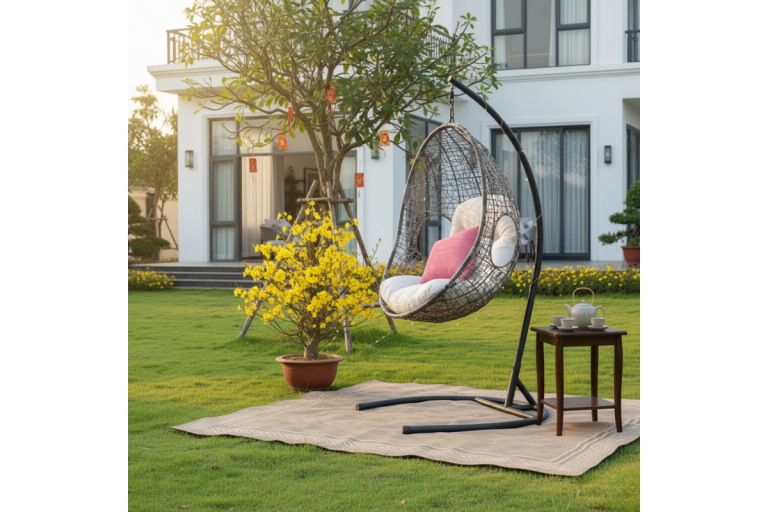 Decor Tết ngoài trời với xích đu mây nhựa treo khung sắt đen đặt trong sân vườn biệt thự, điểm nhấn hoa mai vàng