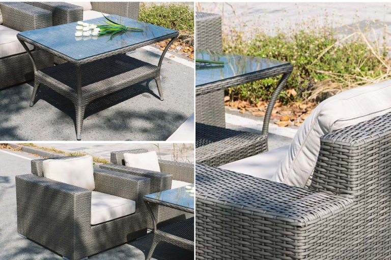 Bộ bàn ghế mây nhựa ngoài trời với bàn kính và ghế đệm sáng, thiết kế hiện đại cho sân vườn