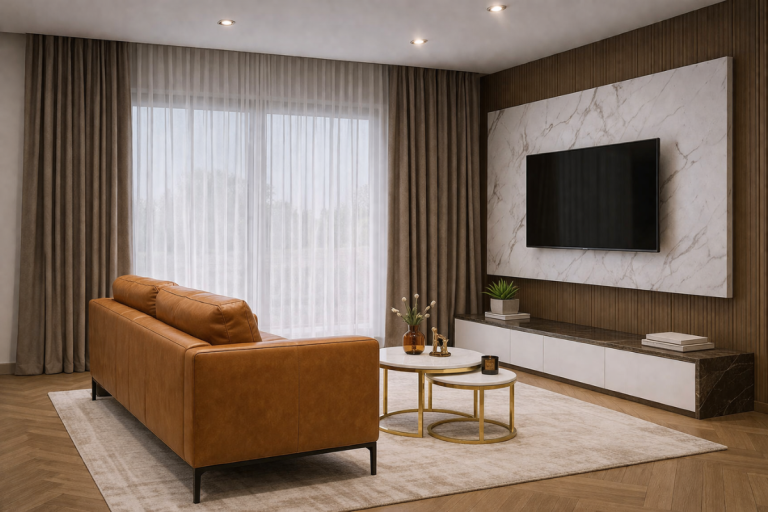 Không gian phòng khách hiện đại sử dụng đá marble tự nhiên ốp tường phía sau TV, kết hợp sofa da và nội thất tông ấm.