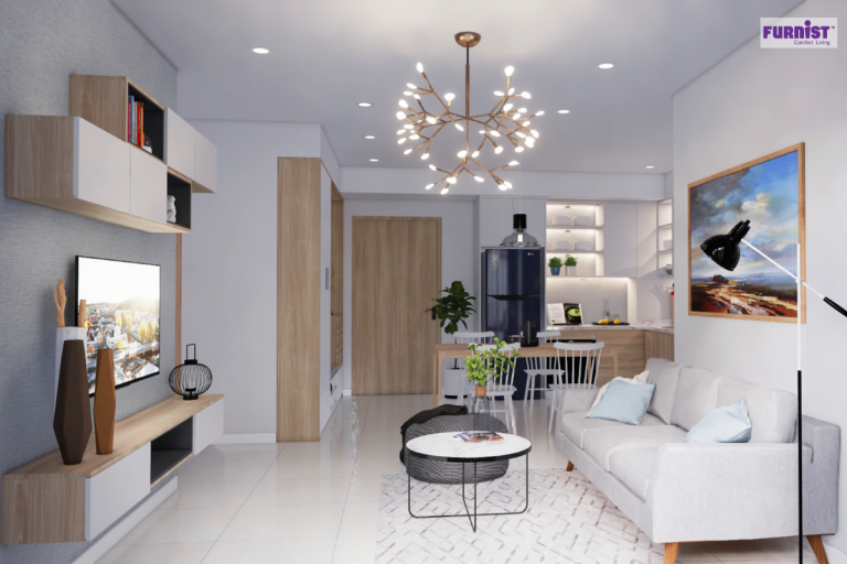 Góc phòng khách nhỏ ấm cúng với sofa chữ I, bàn trà tròn và đèn chùm trang trí hiện đại