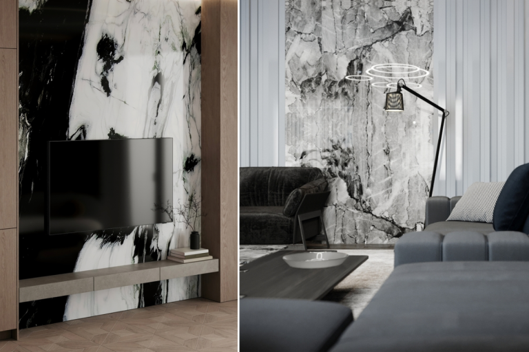 Đá tự nhiên ốp vách trang trí kết hợp kệ TV và nội thất hiện đại