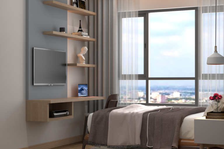 Cách bố trí phòng ngủ nhỏ hiện đại với kệ tivi treo tường tích hợp bàn làm việc cạnh cửa sổ