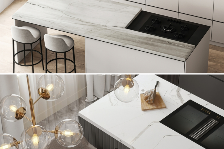 Đảo bếp ốp đá tự nhiên vân mây kết hợp bếp âm hiện đại