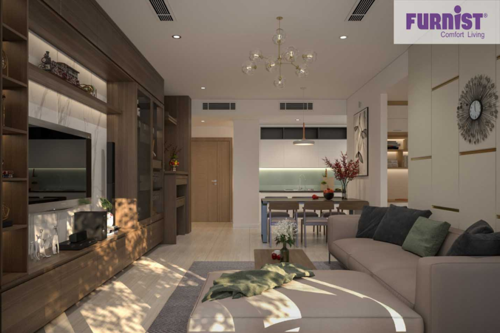 Góc nhìn xuyên suốt từ phòng khách sang trọng đến khu bếp, nội thất căn hộ diện tích nhỏ thể hiện sự liên kết không gian hoàn hảo