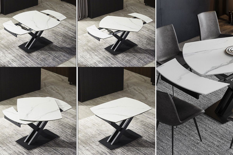 Các bước thao tác biến đổi từ một chiếc bàn ăn nhỏ thành bàn ăn lớn, minh họa tính năng đa năng của bàn ăn cho căn hộ nhỏ