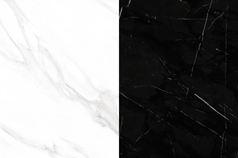 Hai mẫu vân đá marble tự nhiên với một bên trắng vân xám nhẹ và một bên đen vân trắng nổi bật.